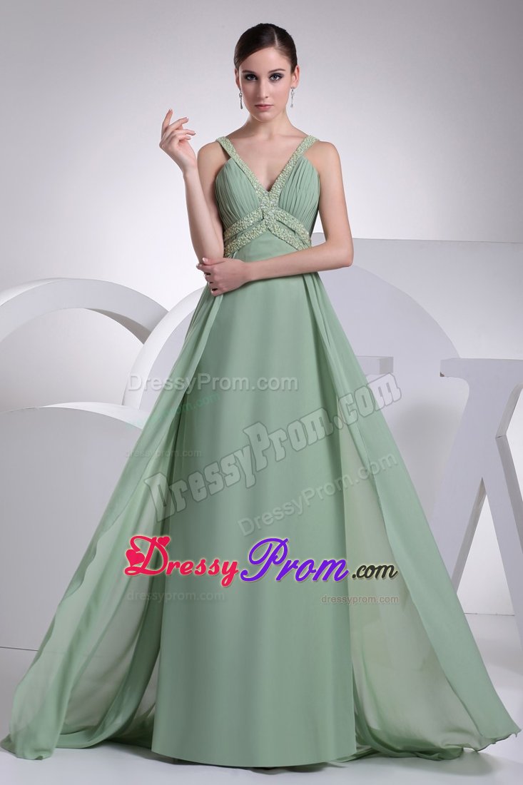 Beaded and Ruched Green V-neck Prom Maxi Dresses in Dublin CA