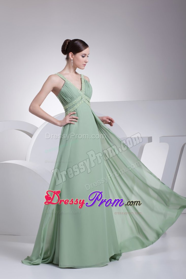 Beaded and Ruched Green V-neck Prom Maxi Dresses in Dublin CA