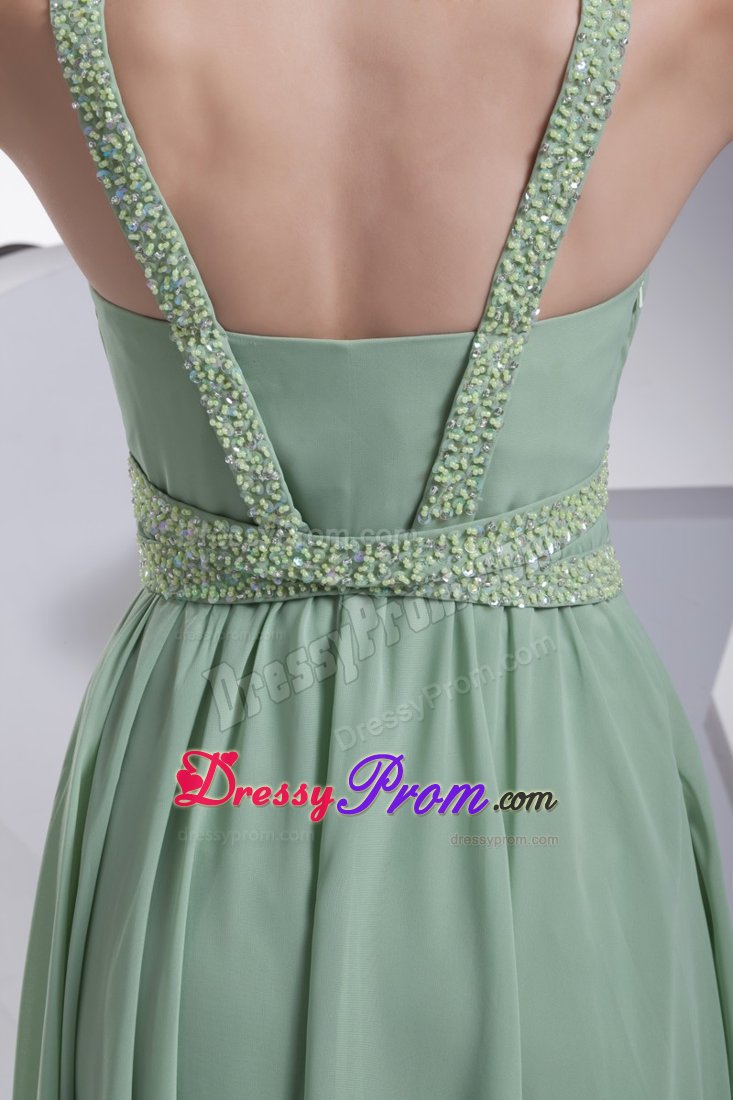 Beaded and Ruched Green V-neck Prom Maxi Dresses in Dublin CA