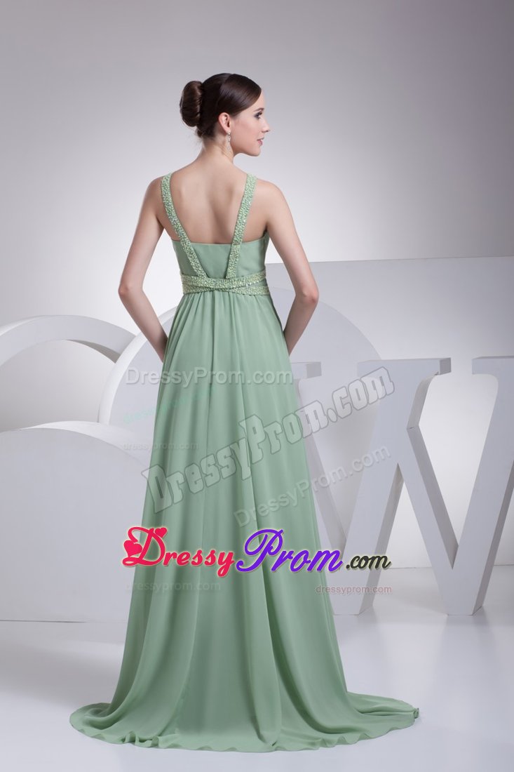 Beaded and Ruched Green V-neck Prom Maxi Dresses in Dublin CA