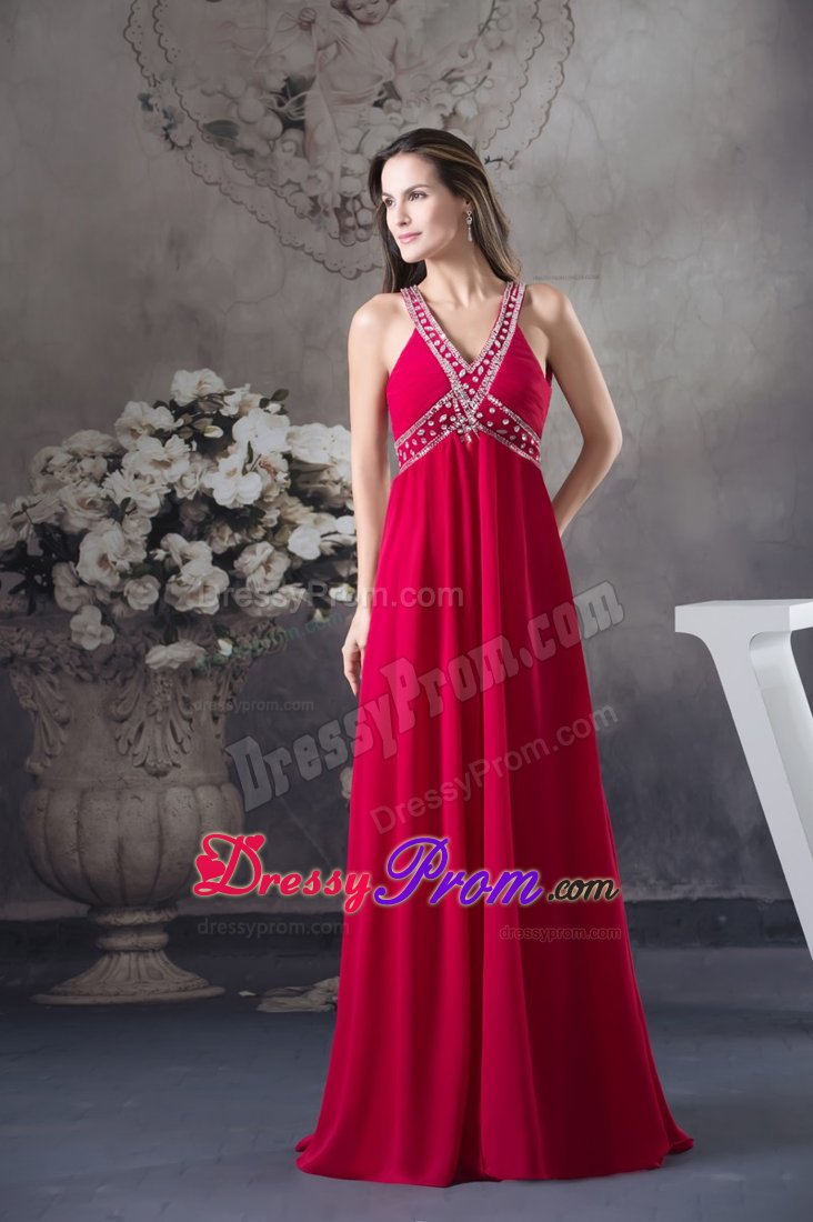 Del Mar CA Beaded Red Long Chiffon Prom Maxi Dress with V-neck