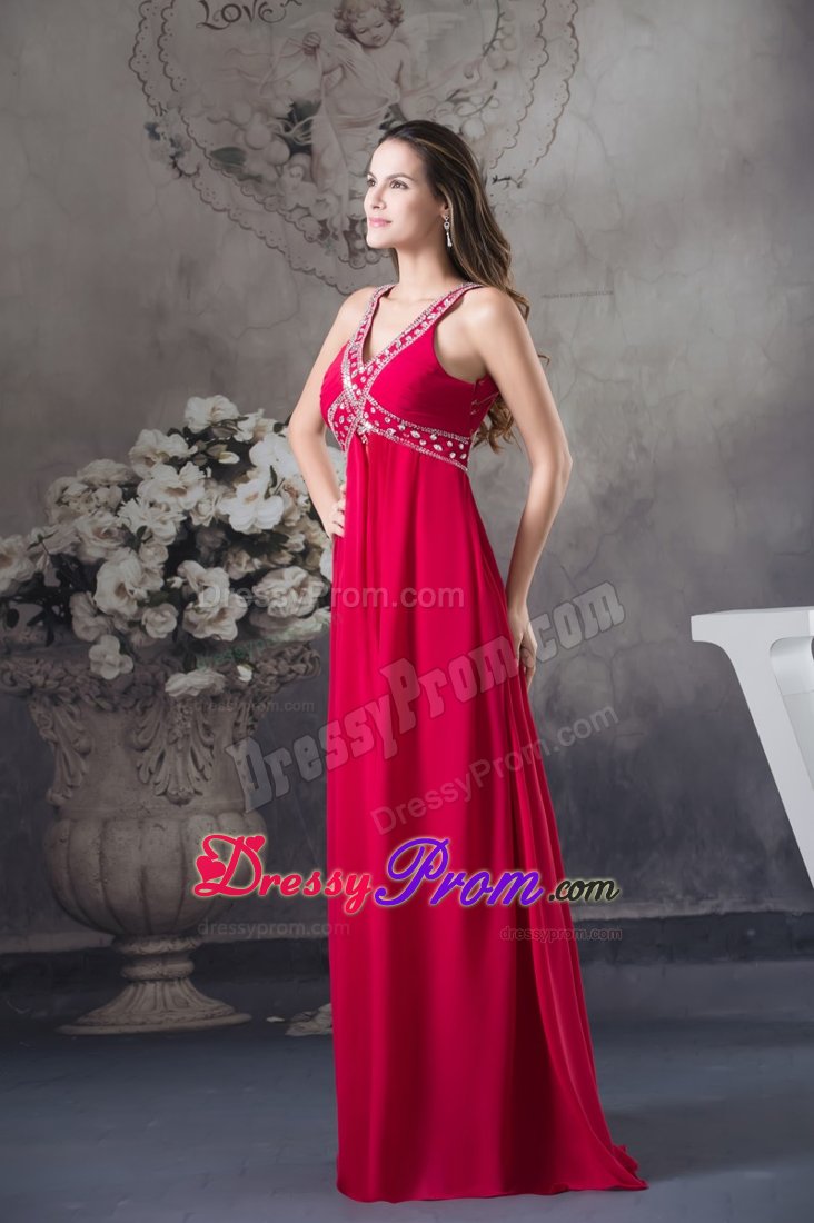 Del Mar CA Beaded Red Long Chiffon Prom Maxi Dress with V-neck
