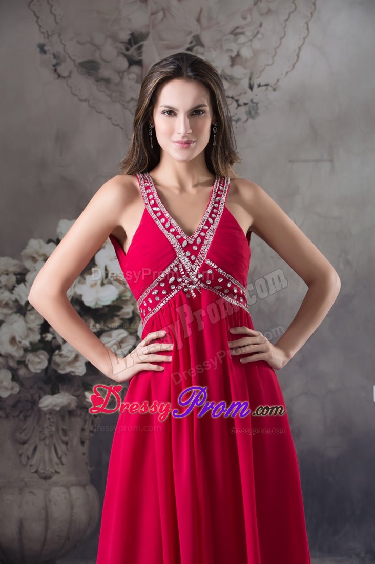 Del Mar CA Beaded Red Long Chiffon Prom Maxi Dress with V-neck