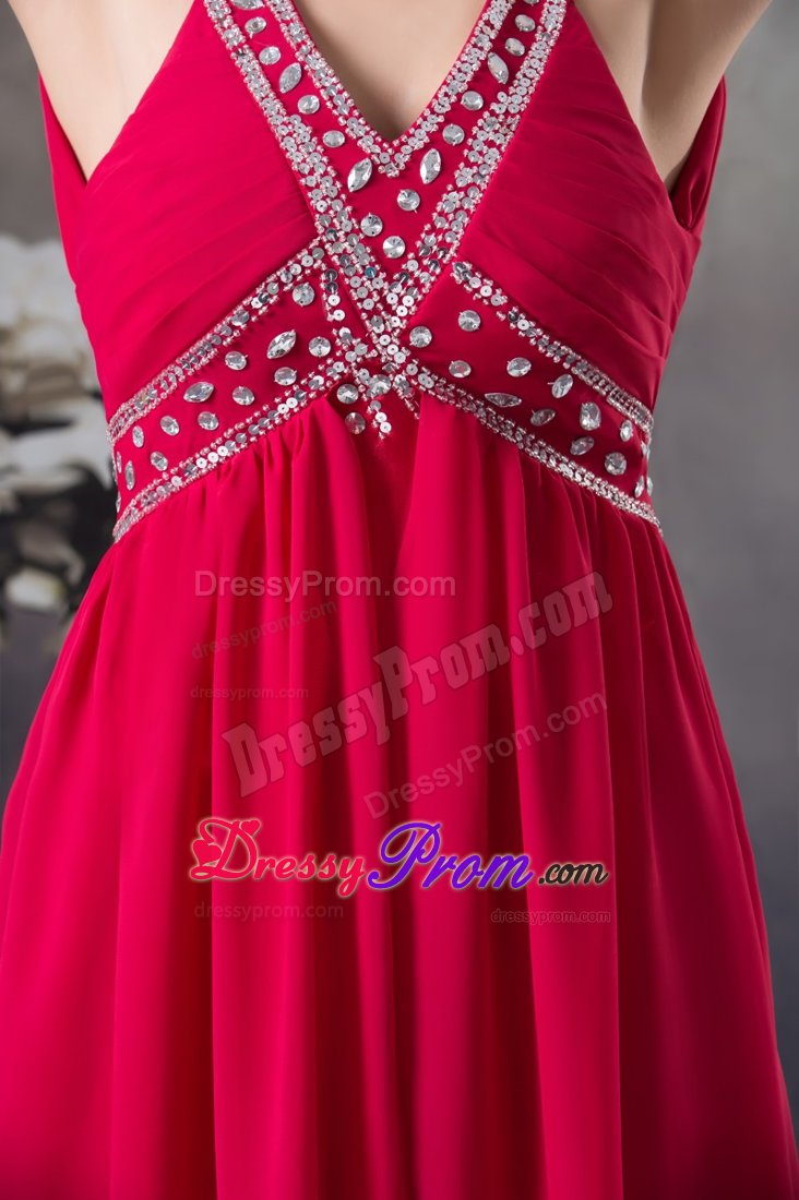 Del Mar CA Beaded Red Long Chiffon Prom Maxi Dress with V-neck