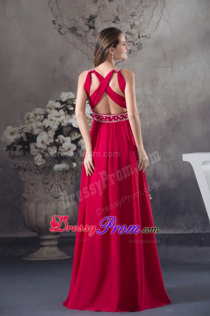 Del Mar CA Beaded Red Long Chiffon Prom Maxi Dress with V-neck