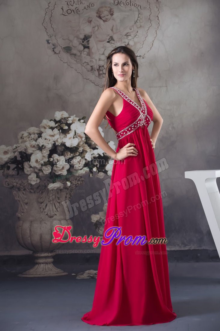Del Mar CA Beaded Red Long Chiffon Prom Maxi Dress with V-neck