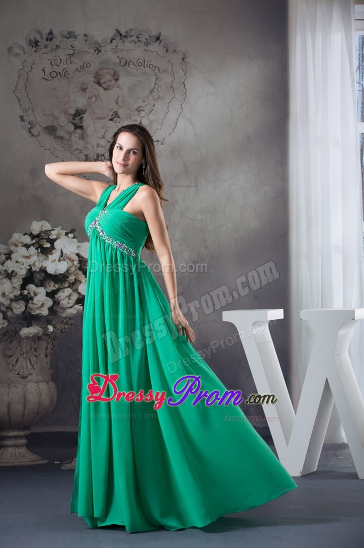 Beading and Ruches Accent Green V-neck Long Prom Maxi Dress 2014