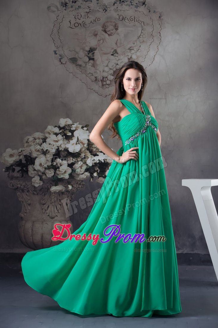 Beading and Ruches Accent Green V-neck Long Prom Maxi Dress 2014