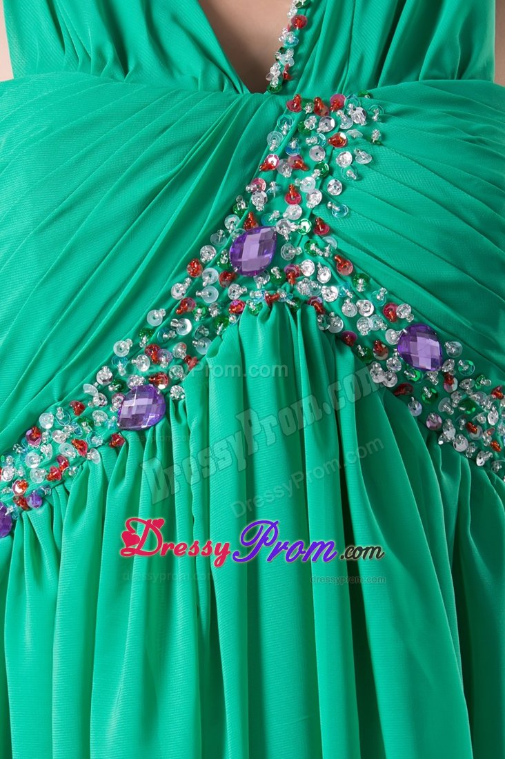 Beading and Ruches Accent Green V-neck Long Prom Maxi Dress 2014