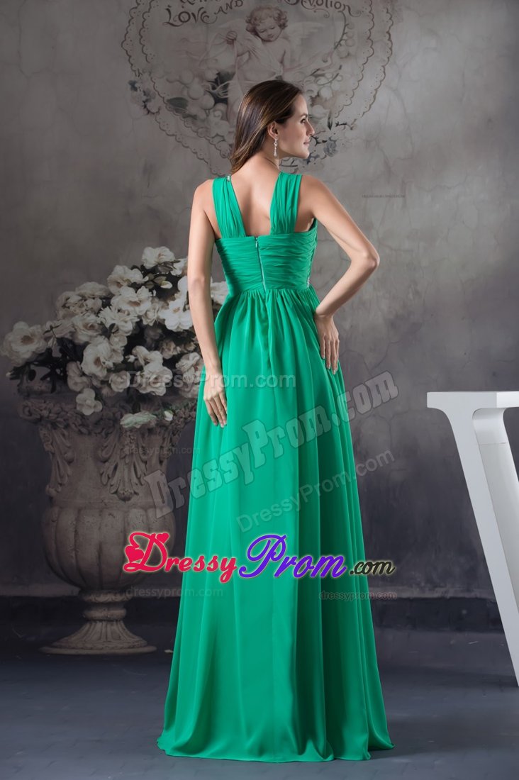 Beading and Ruches Accent Green V-neck Long Prom Maxi Dress 2014