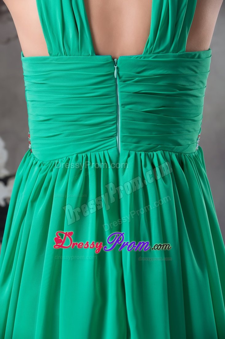 Beading and Ruches Accent Green V-neck Long Prom Maxi Dress 2014