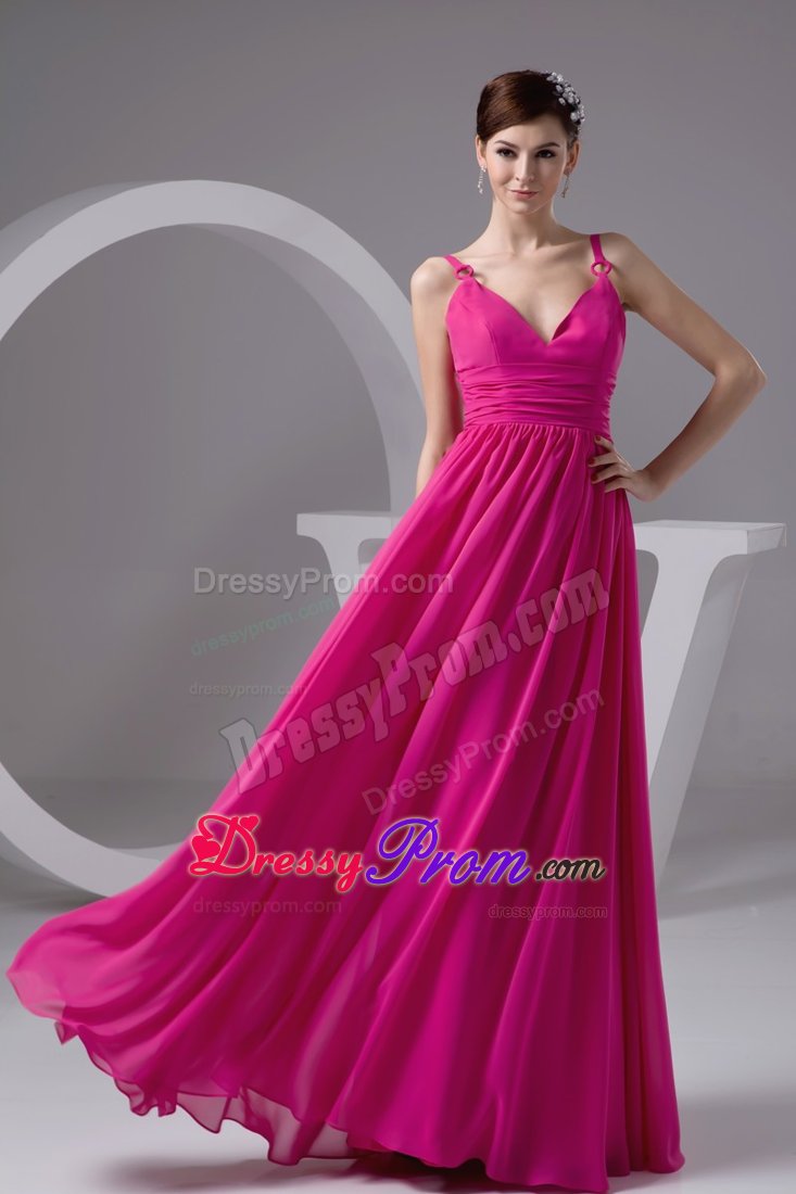 Davis CA V-neck Ruched Floor Length Prom Maxi Dress in Hot Pink