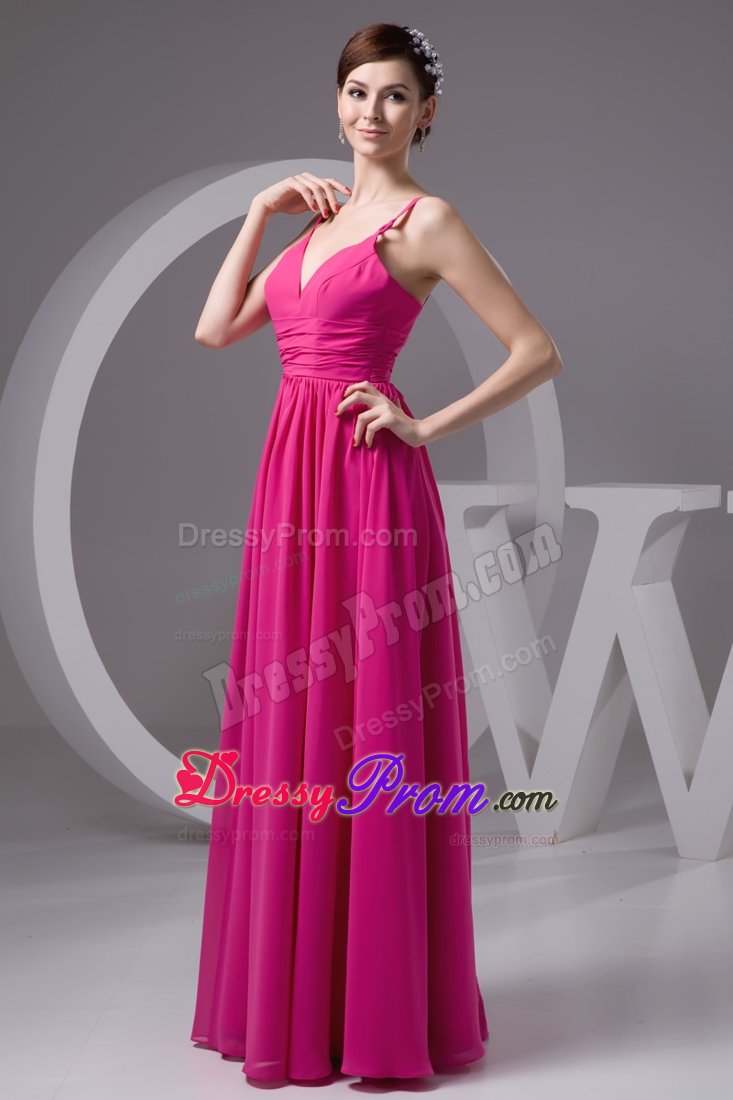 Davis CA V-neck Ruched Floor Length Prom Maxi Dress in Hot Pink