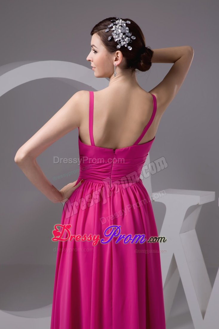 Davis CA V-neck Ruched Floor Length Prom Maxi Dress in Hot Pink