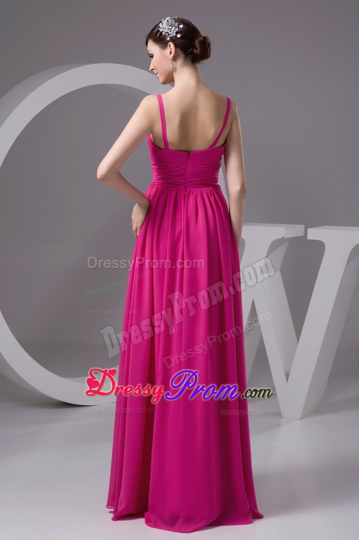 Davis CA V-neck Ruched Floor Length Prom Maxi Dress in Hot Pink