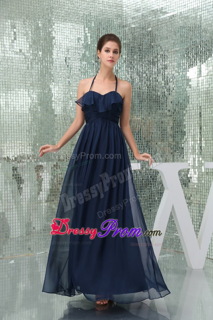 Navy Blue Halter Ruched and Ruffled Prom Maxi Dress of Ankle Length