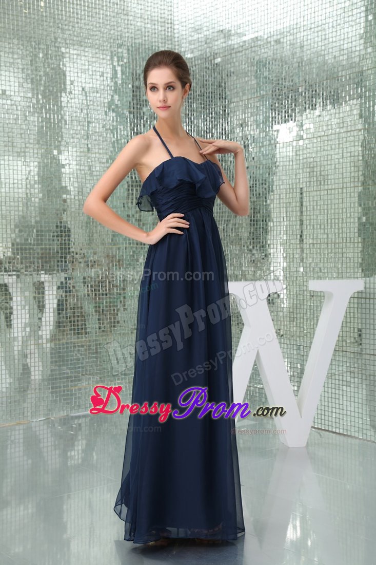 Navy Blue Halter Ruched and Ruffled Prom Maxi Dress of Ankle Length