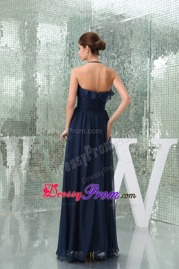 Navy Blue Halter Ruched and Ruffled Prom Maxi Dress of Ankle Length