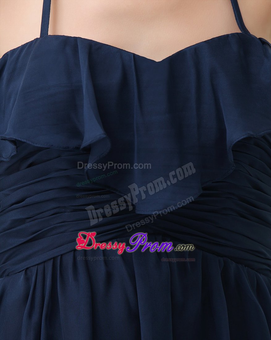 Navy Blue Halter Ruched and Ruffled Prom Maxi Dress of Ankle Length