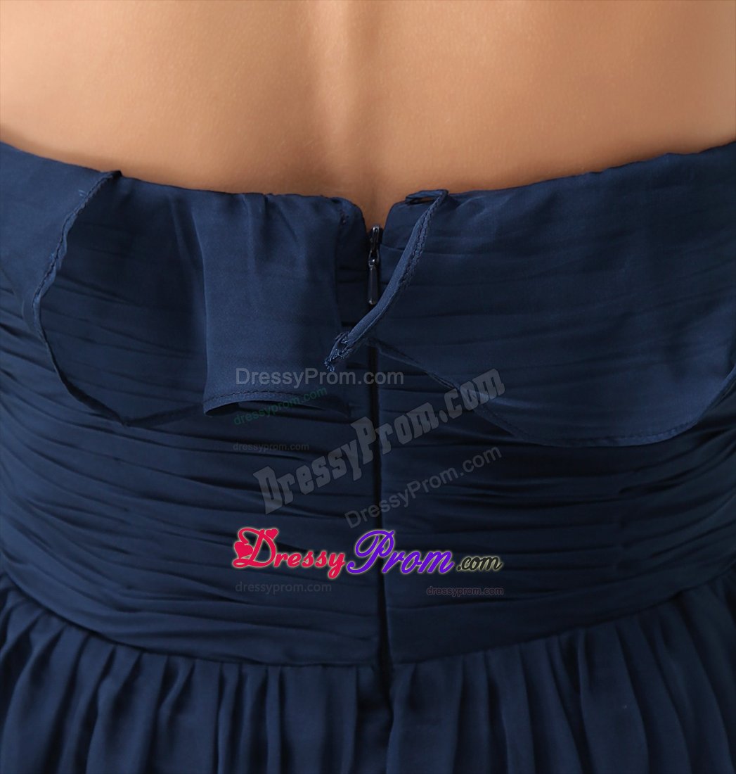 Navy Blue Halter Ruched and Ruffled Prom Maxi Dress of Ankle Length