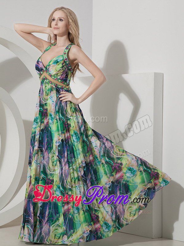 Beaded and Pleated Colorful Printing Prom Maxi Dress Criss Cross