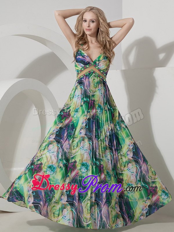 Beaded and Pleated Colorful Printing Prom Maxi Dress Criss Cross