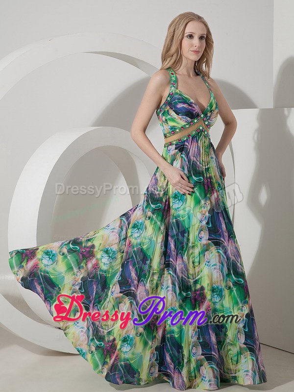 Beaded and Pleated Colorful Printing Prom Maxi Dress Criss Cross