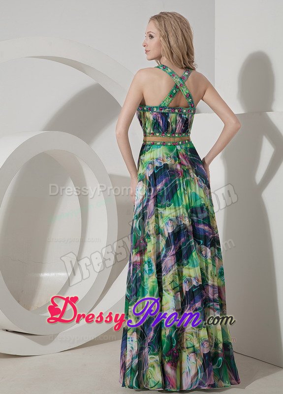 Beaded and Pleated Colorful Printing Prom Maxi Dress Criss Cross