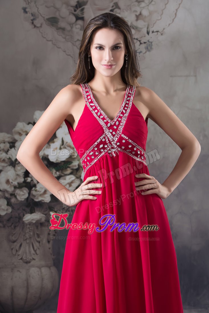 Danville CA Red V-neck Chiffon Prom Maxi Dresses with Beading
