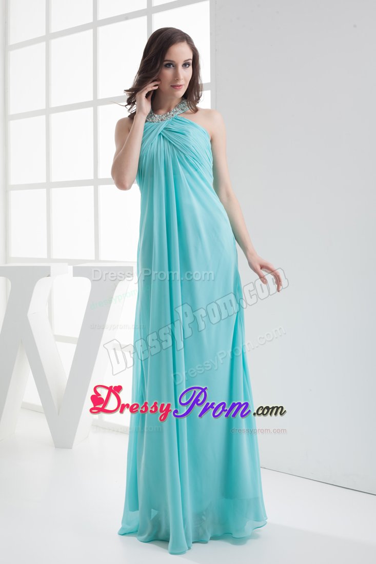 Beaded and Ruched Empire Halter Prom Maxi Dress in Aqua Blue 2014