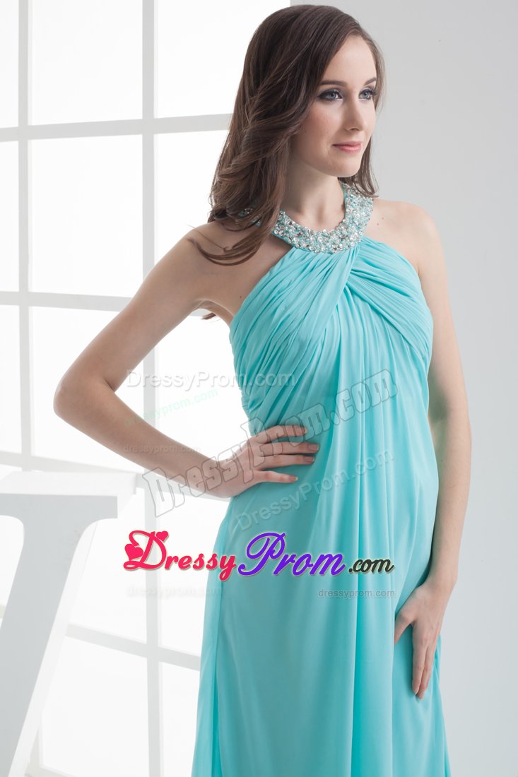 Beaded and Ruched Empire Halter Prom Maxi Dress in Aqua Blue 2014