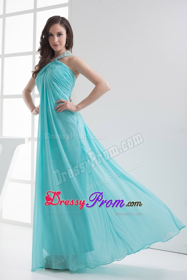 Beaded and Ruched Empire Halter Prom Maxi Dress in Aqua Blue 2014