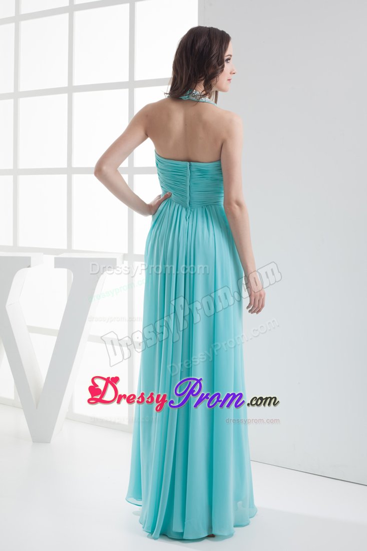 Beaded and Ruched Empire Halter Prom Maxi Dress in Aqua Blue 2014