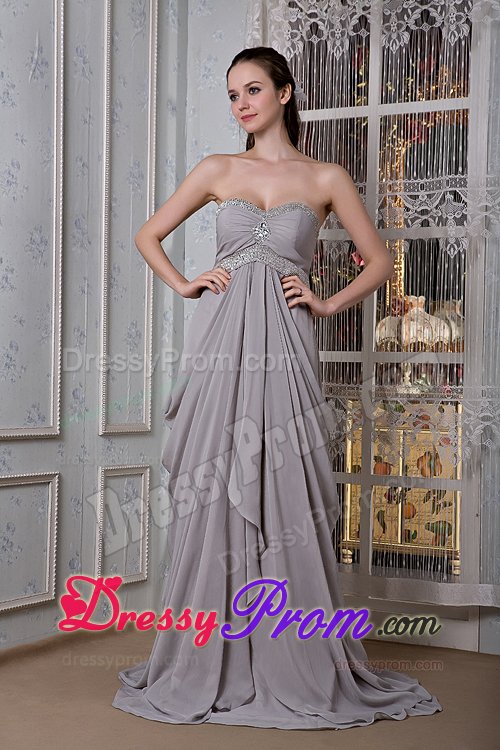 Beaded and Ruched Gray Chiffon Prom Party Dress with Brush Train