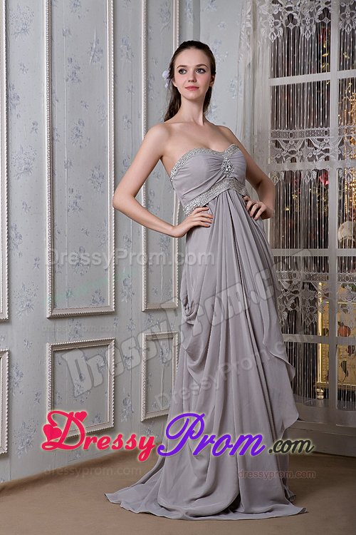 Beaded and Ruched Gray Chiffon Prom Party Dress with Brush Train