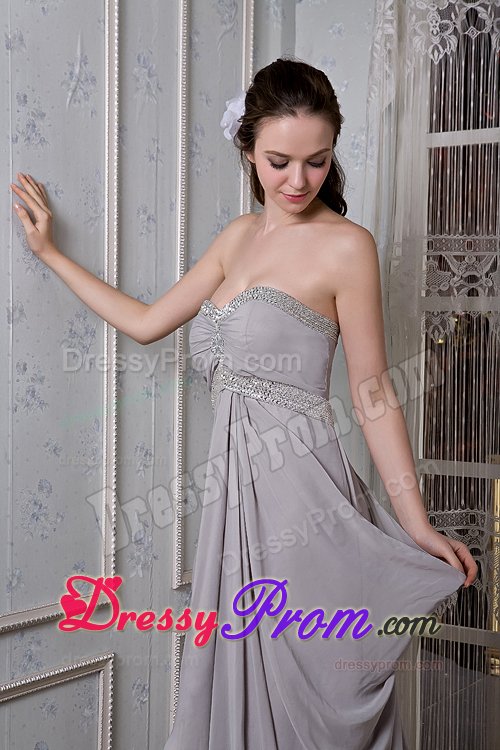 Beaded and Ruched Gray Chiffon Prom Party Dress with Brush Train