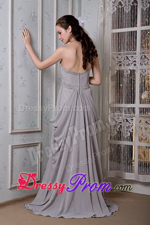 Beaded and Ruched Gray Chiffon Prom Party Dress with Brush Train