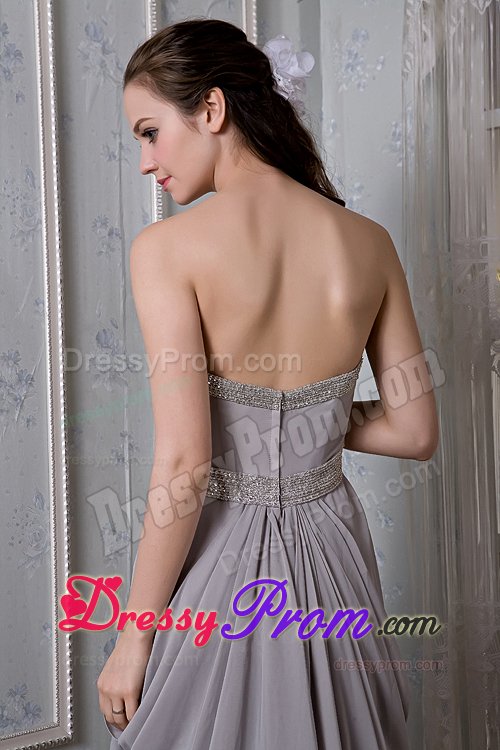 Beaded and Ruched Gray Chiffon Prom Party Dress with Brush Train