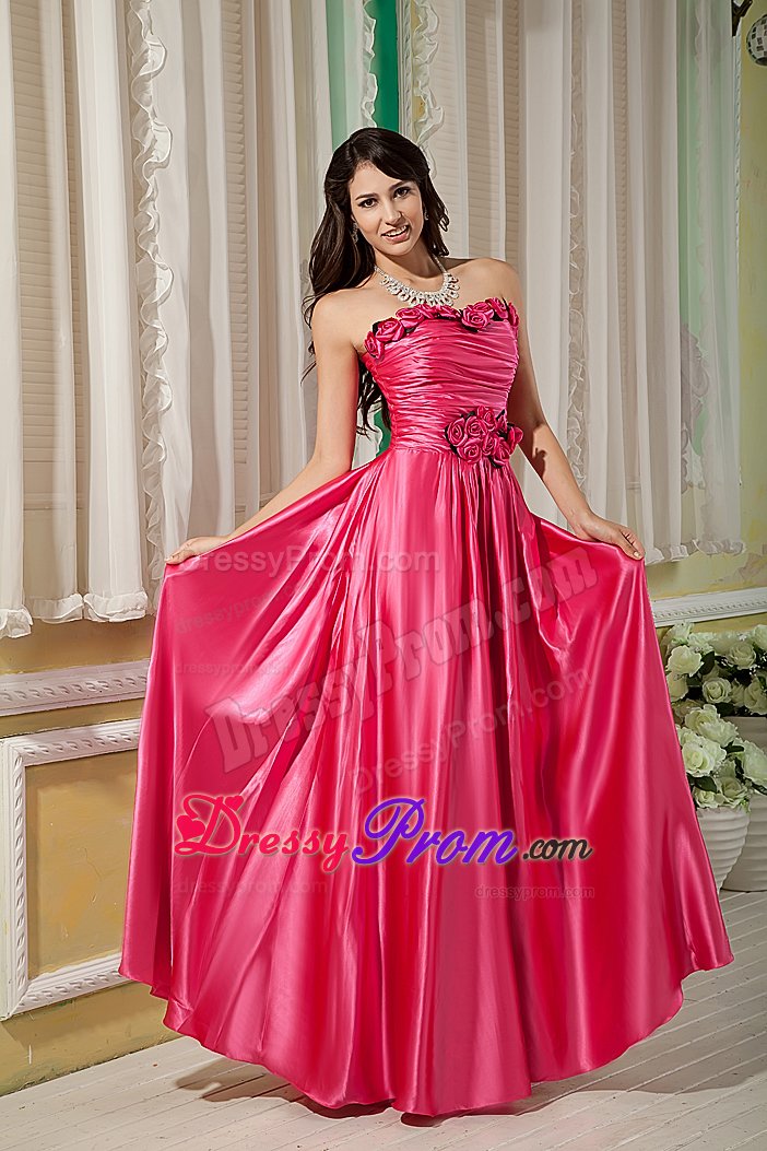 Flowers and Ruches Accent Empire Prom Party Dress in Hot Pink