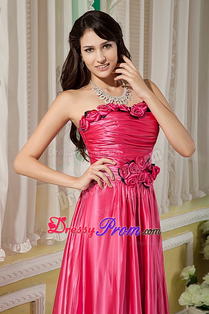 Flowers and Ruches Accent Empire Prom Party Dress in Hot Pink