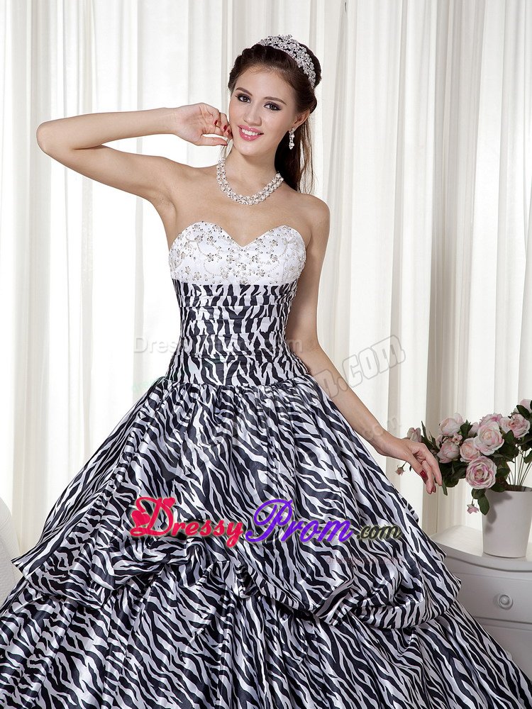 Unique Sweetheart Zebra Print White And Black Sweet 15 Dress