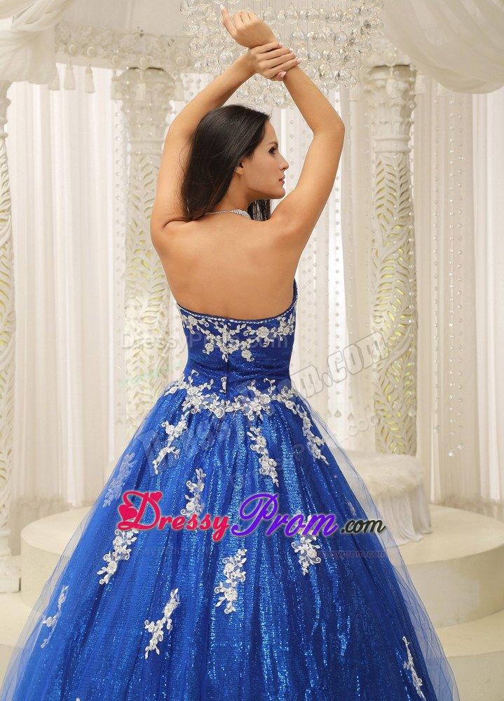 Showy Royal Blue Sweet 16 Birthday Dress with White Appliques