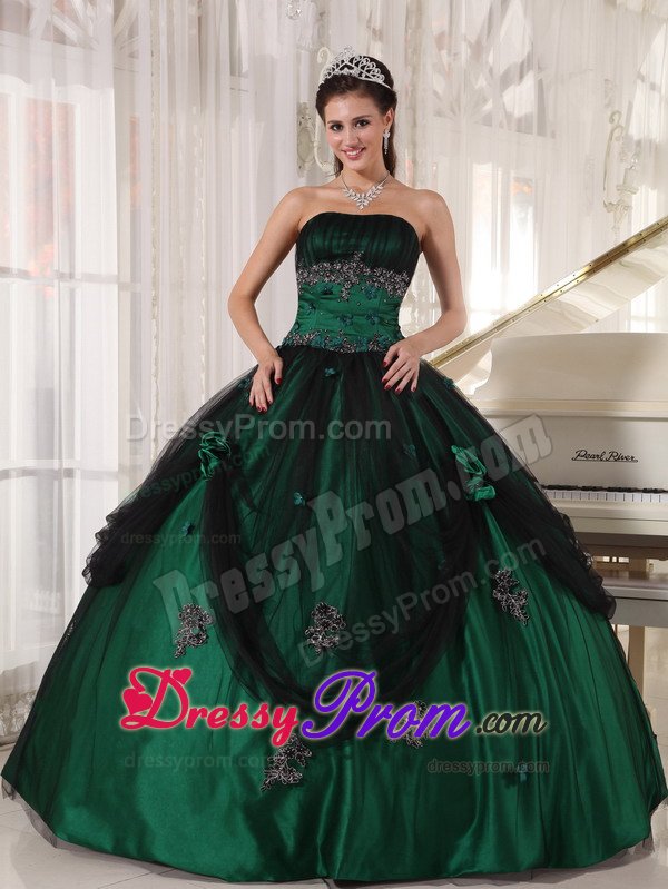 Mature Green Appliqued Strapless Quinceanera Gown Dresses