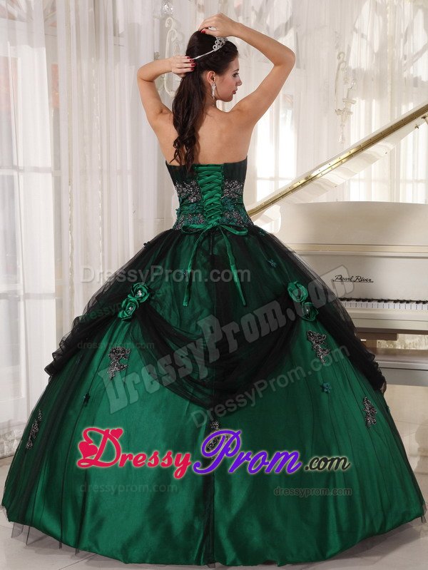 Mature Green Appliqued Strapless Quinceanera Gown Dresses