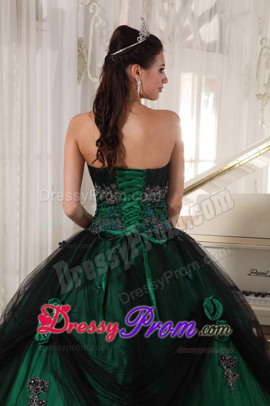 Mature Green Appliqued Strapless Quinceanera Gown Dresses