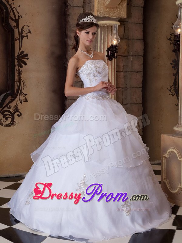 Satin Organza Strapless Sweet 15 Dresses in White for Wholesale