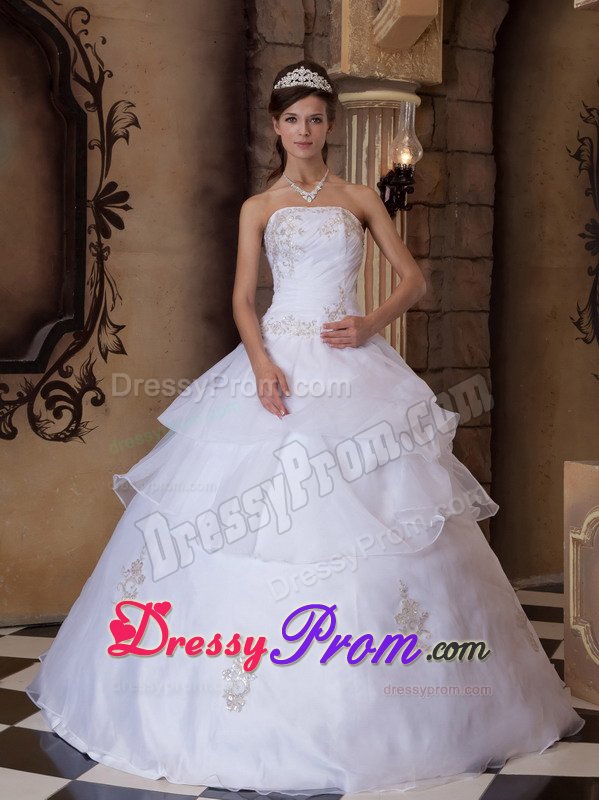 Satin Organza Strapless Sweet 15 Dresses in White for Wholesale