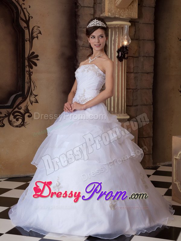 Satin Organza Strapless Sweet 15 Dresses in White for Wholesale
