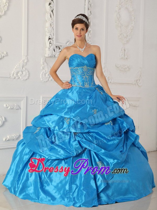 Customized Blue Pick Ups Ruched Appliqued Quinceanera Dress