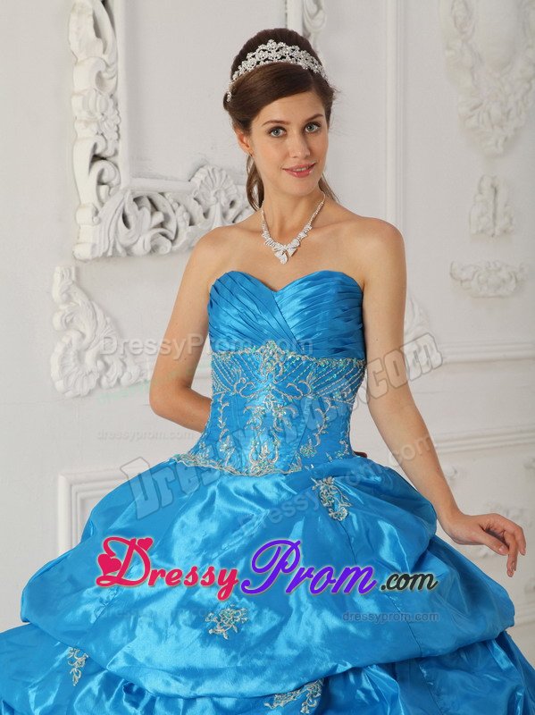 Customized Blue Pick Ups Ruched Appliqued Quinceanera Dress